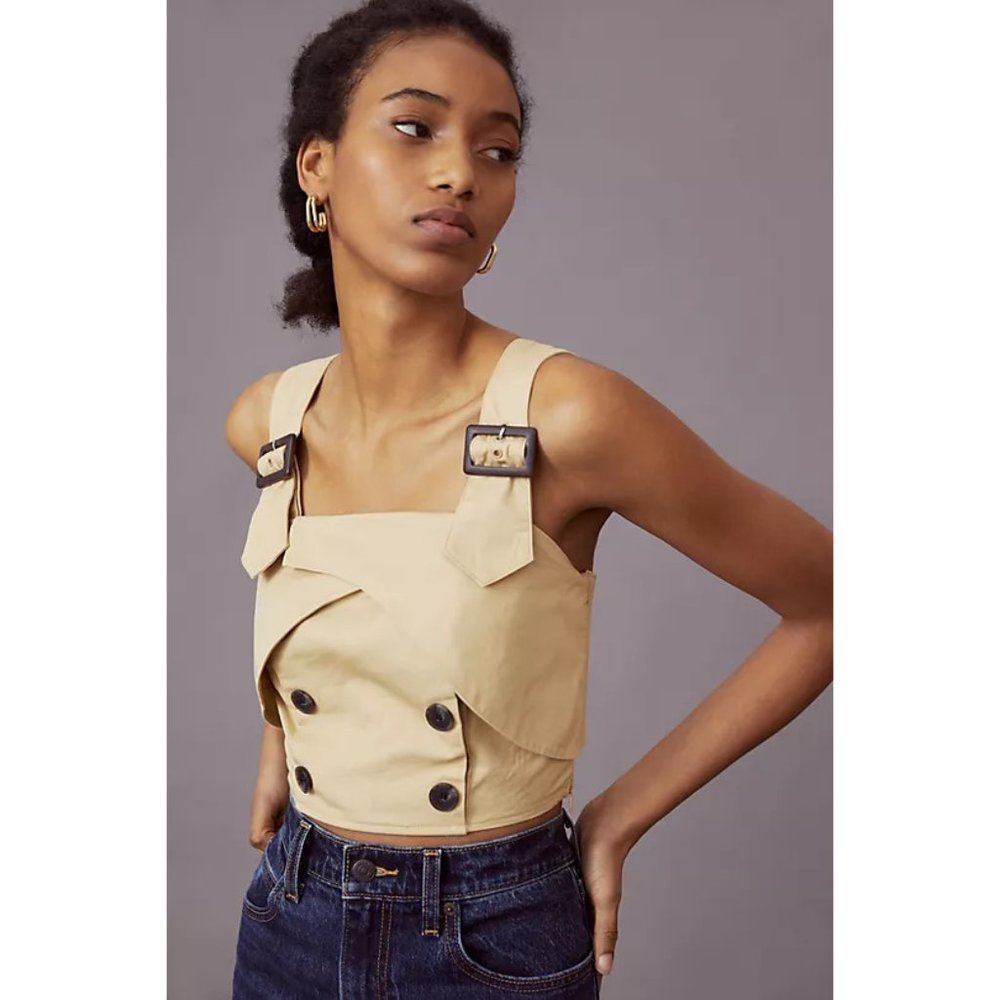 8. Anthropologie Eva Franco khaki Trench Buttoned Blouse with Straps Petite crop